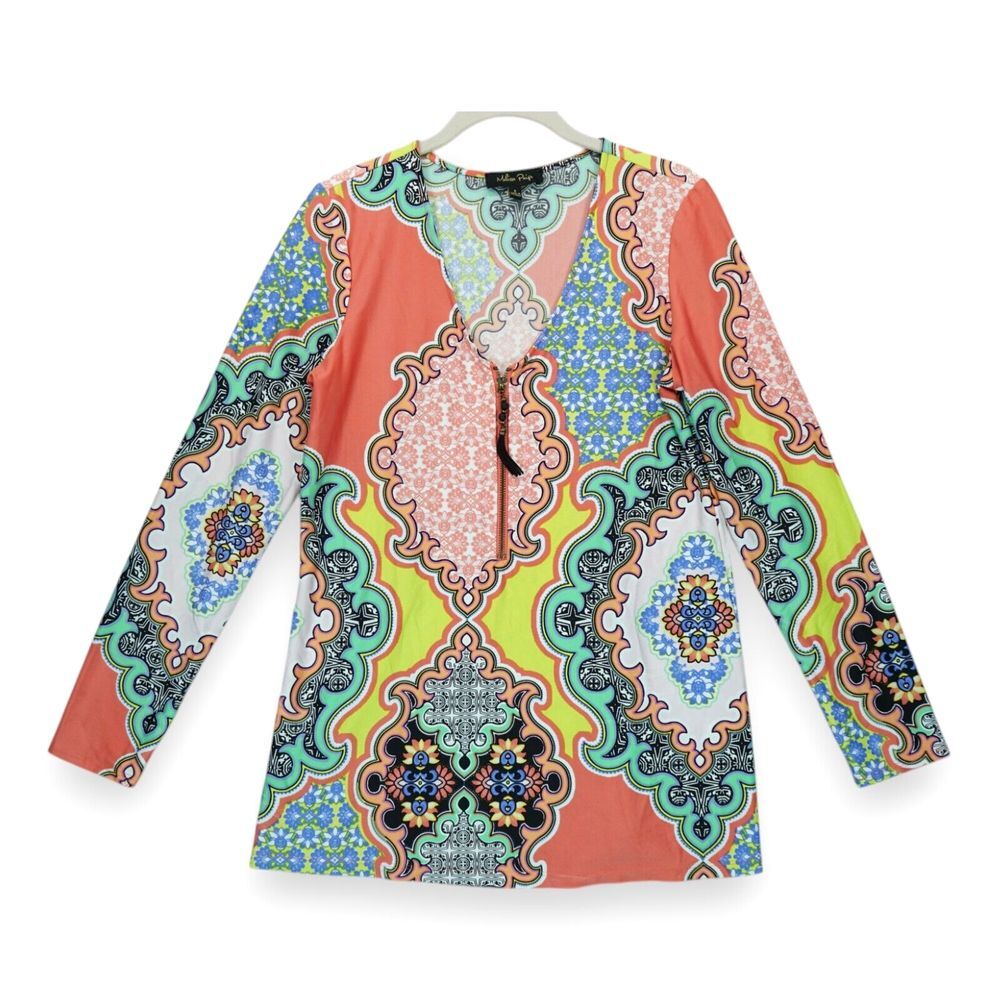 Melissa Paige Women's Blouse Multicolor All Over Print Long Sleeve Zip Small